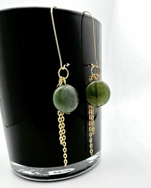 Moss Agate Long Drop Earrings Gold Image 1