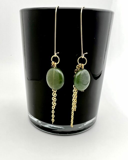 Moss Agate Long Drop Earrings Gold Image 2