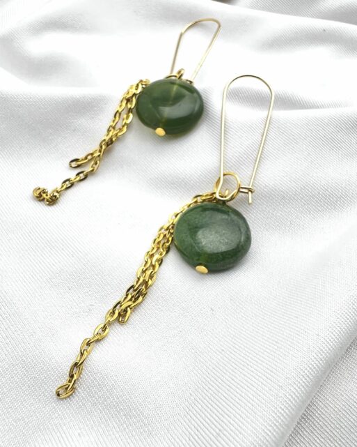 Moss Agate Long Drop Earrings Gold Image 3
